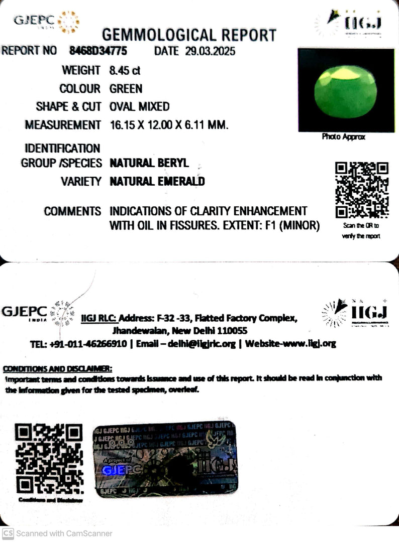 8.45/CT Natural Panna Stone with Govt. Lab Certificate (1665)