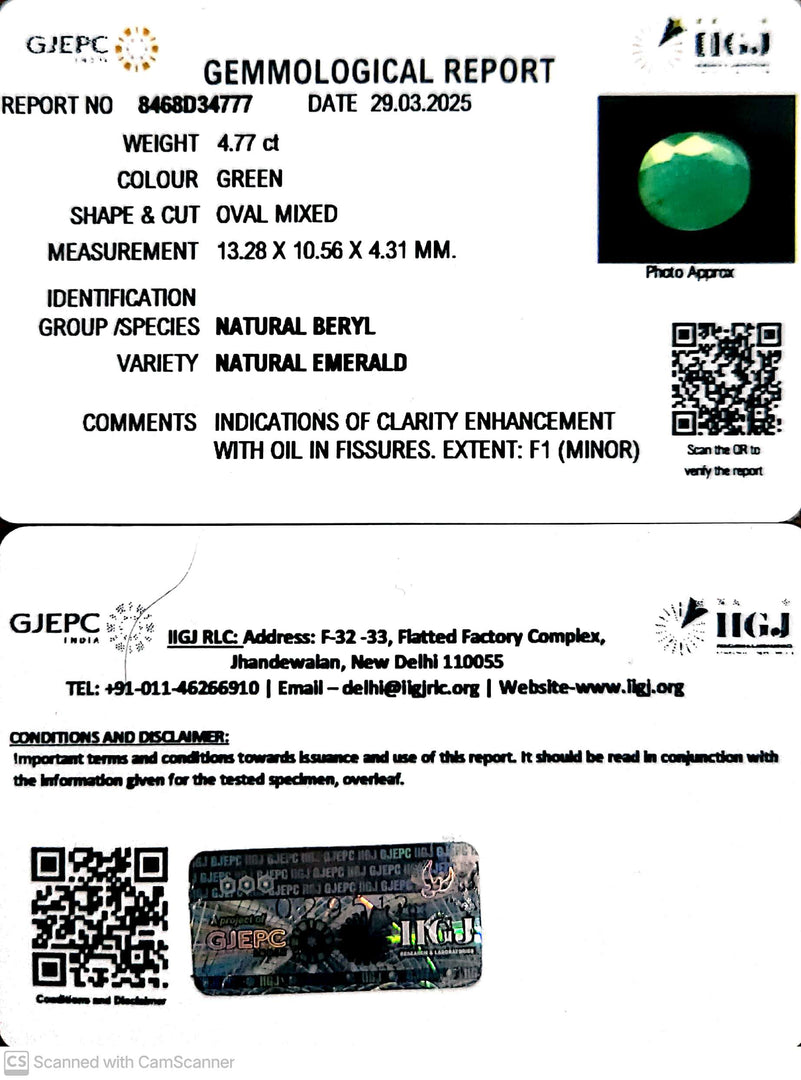 4.77/CT Natural Panna Stone with Govt. Lab Certificate (2331)