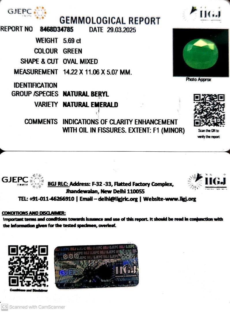 5.69/CT Natural Panna Stone with Govt. Lab Certificate (3441)