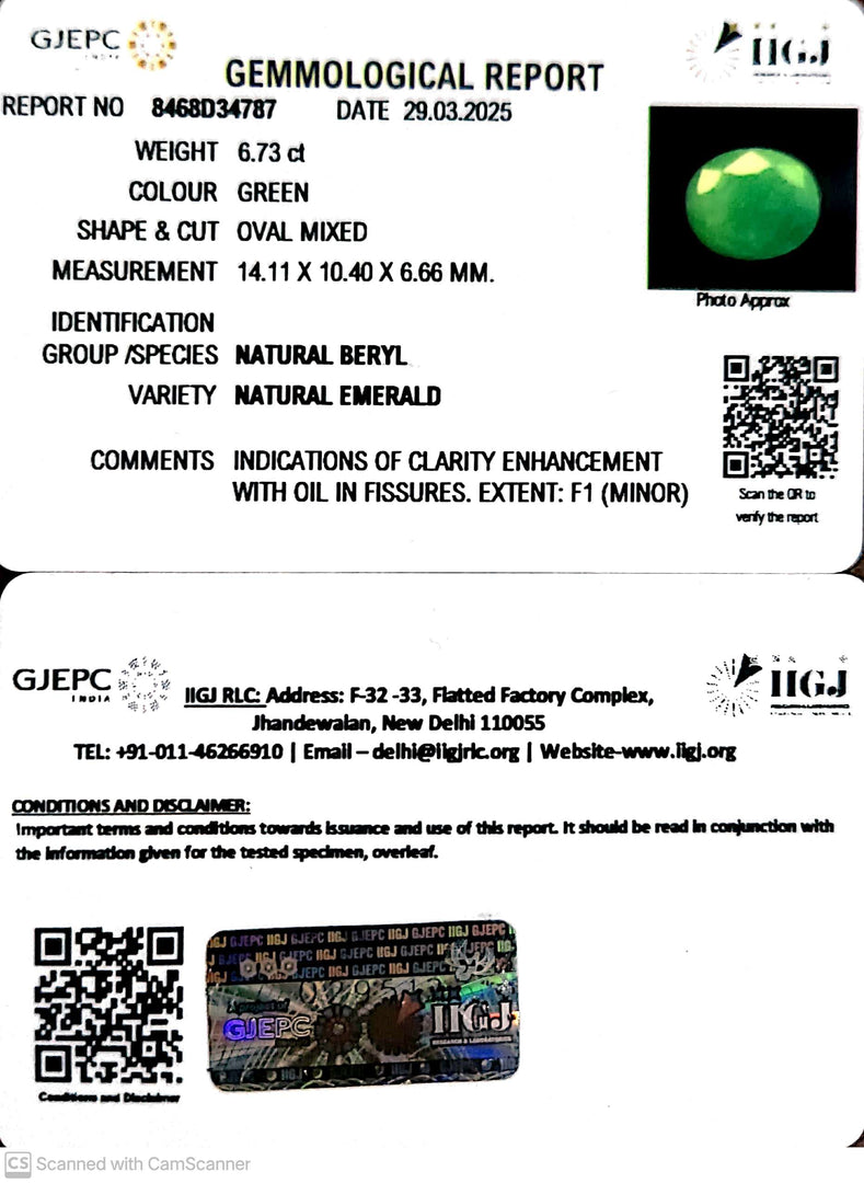 6.73/CT Natural Panna Stone with Govt. Lab Certificate (1221)