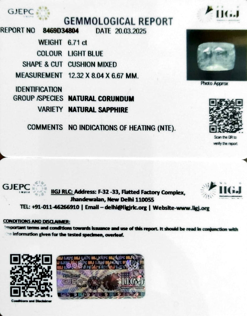 6.71/CT Natural Blue Sapphire With Govt Lab Certificate