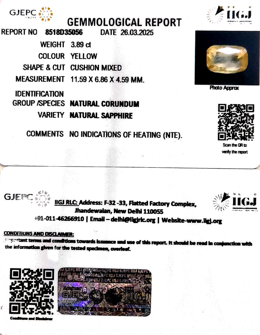 3.89/CT Natural Yellow Sapphire With Govt Lab Certificate