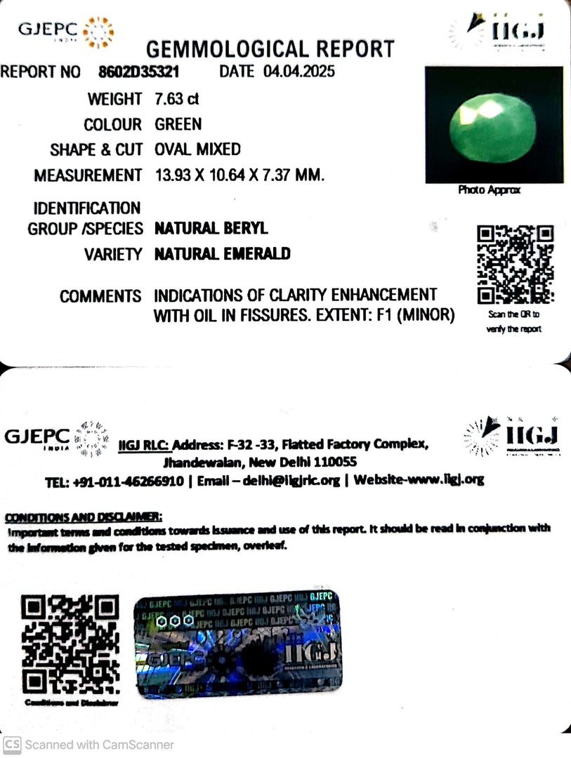 7.63/CT Natural Panna Stone with Govt. Lab Certificate (3441)