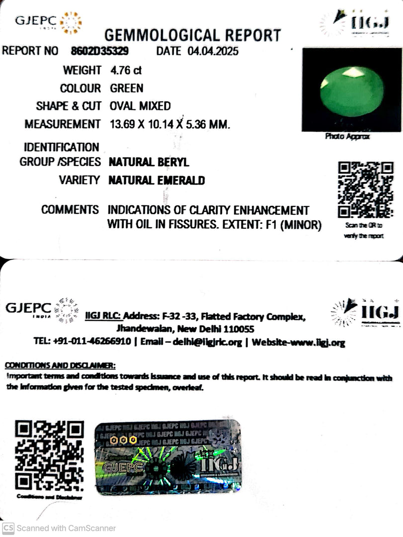 4.76/CT Natural Panna Stone with Govt. Lab Certificate (3441)