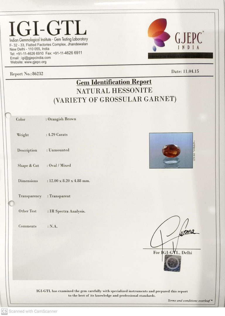 4.29/CT Natural Hessonite Stone with Govt. Lab Certificate-86232