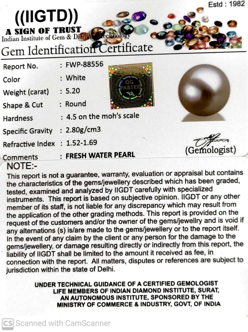 5.2/CT Natural Certified Fresh Water Pearl Gemstone -88556