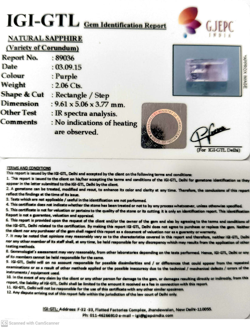 2.06/CT Natural Purple Sapphire with Govt. Lab Certificate-89036