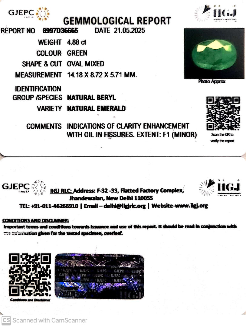 4.88/CT Natural Panna Stone with Govt. Lab Certificate (23310)
