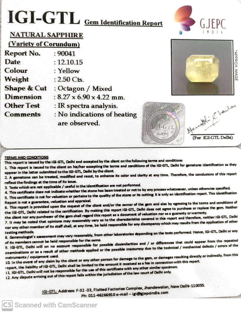 2.50/CT Natural Yellow Sapphire With Govt Lab Certificate-90041