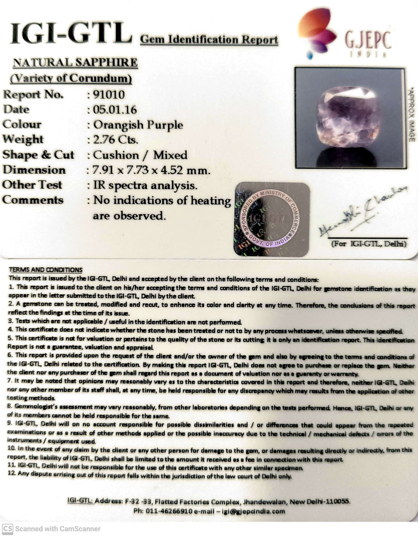 2.76/CT Natural Purple Sapphire Stone with Govt. Lab Certificate-91010
