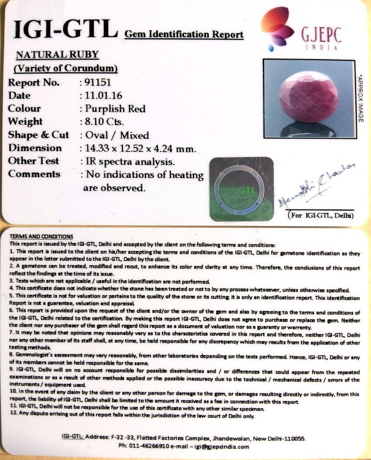 8.10/CT Natural Ruby with Govt. Lab Certificate-91151