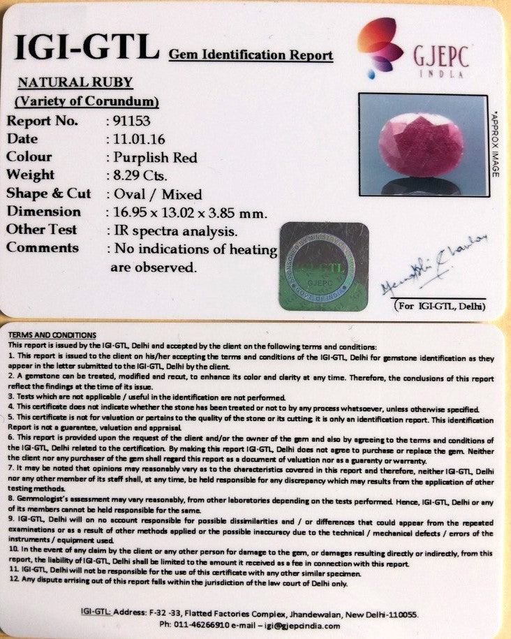 8.29/CT Natural Ruby with Govt. Lab Certificate-91153