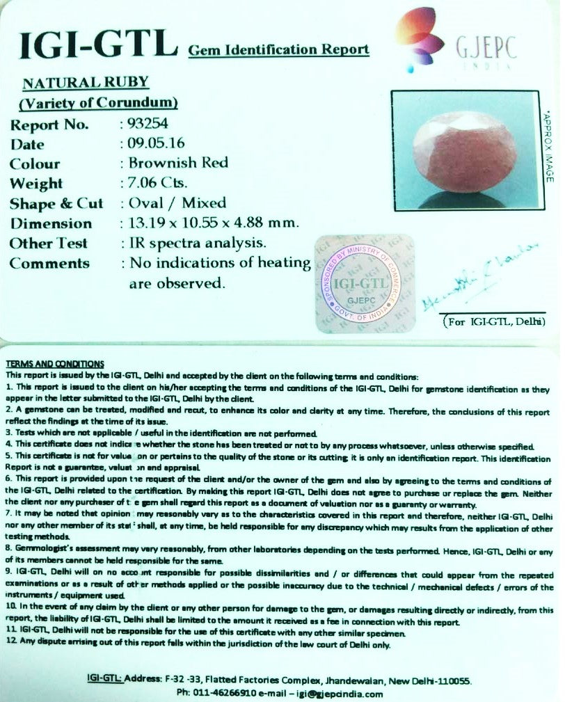 7.06/CT Natural Ruby with Govt. Lab Certificate-95538