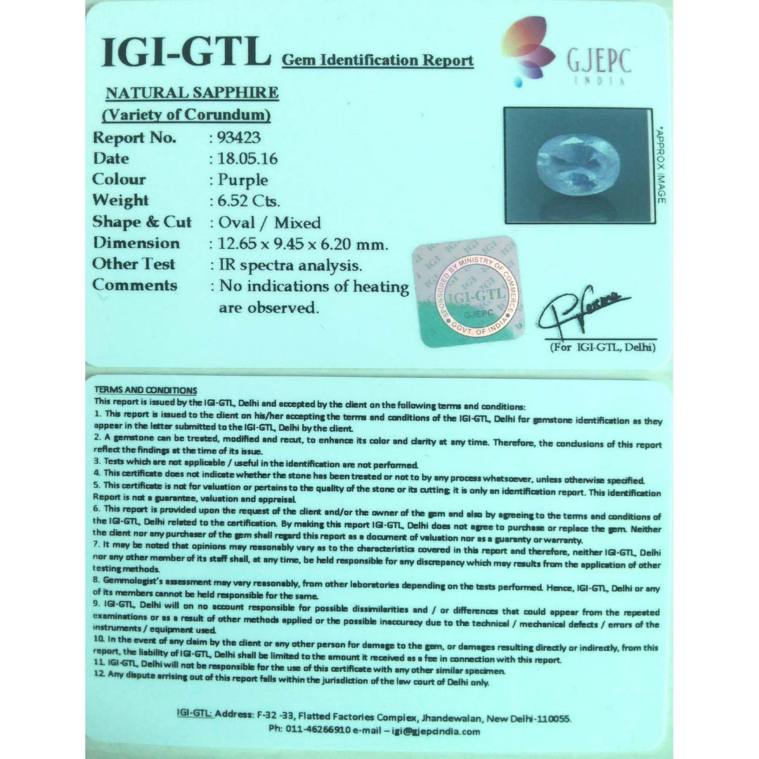 7.24/CT Natural Purple Sapphire with Govt. Lab Certificate-78810