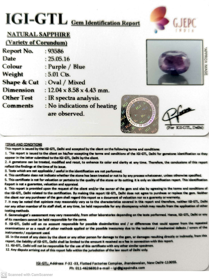 5.01/CT Natural Purple Sapphire with Govt. Lab Certificate-93586
