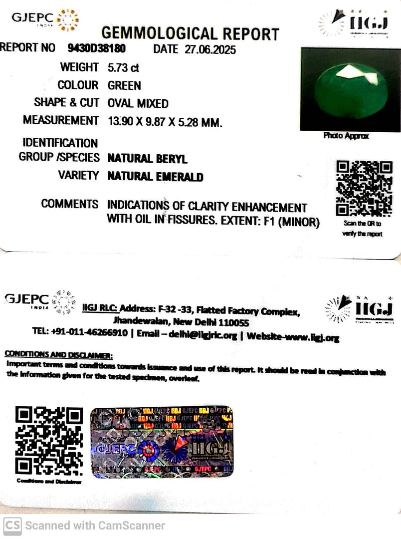 5.73/CT Natural Panna Stone with Govt. Lab Certificate (6771)