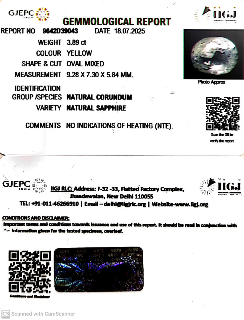3.89/CT Natural Yellow Sapphire With Govt Lab Certificate (89910)