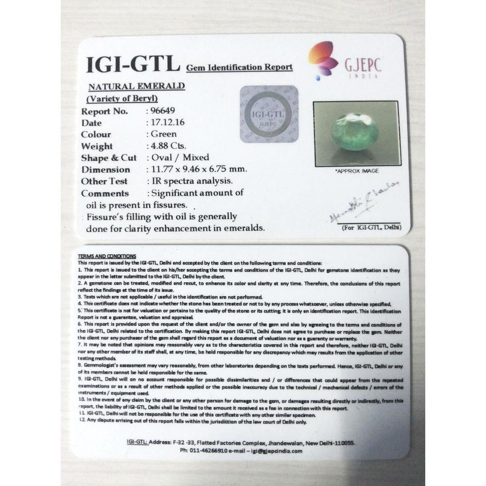 4.88/CT Natural Panna Stone with Govt. Lab Certificate (16650)