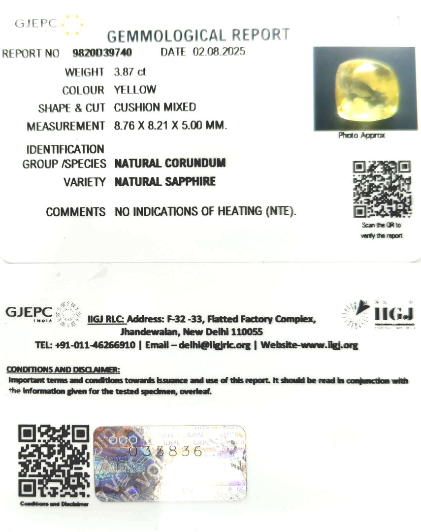3.87/CT Natural Yellow Sapphire With Govt Lab Certificate (45510)