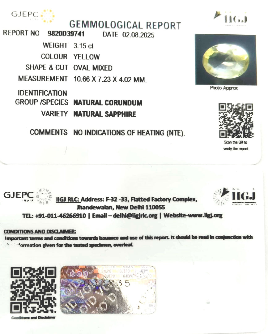 3.15/CT Natural Yellow Sapphire With Govt Lab Certificate (34410)