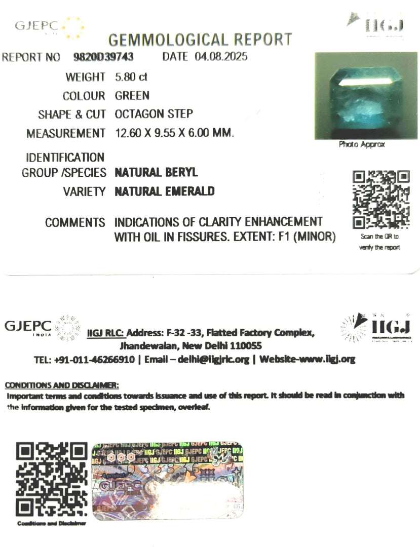 5.80/CT Natural Panna Stone with Govt. Lab Certificate (23310)