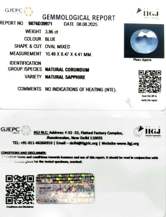 3.86/CT Natural Blue Sapphire with Govt Lab Certificate (12210)