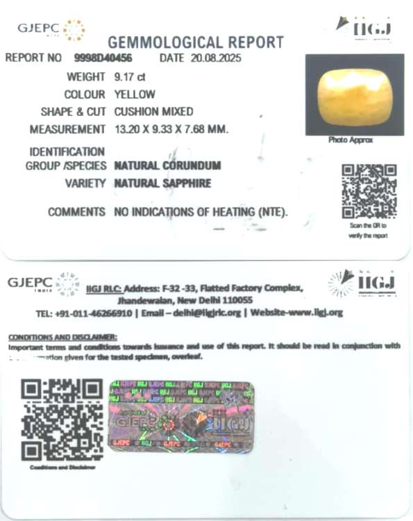 9.17/CT Natural Yellow Sapphire With Govt Lab Certificate (2331)