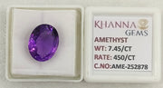 7.45/CT Natural Amethyst Gemstone with Govt. Lab Certificate