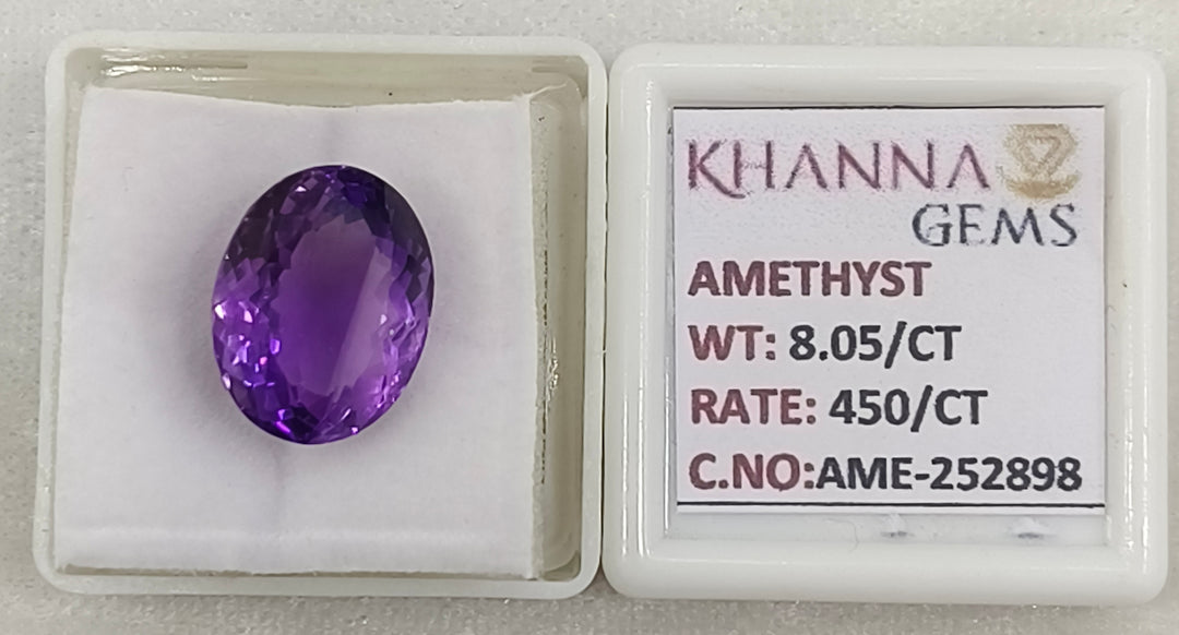 8.05/CT Natural Amethyst Gemstone of Premium Quality with Govt. Lab Certificate