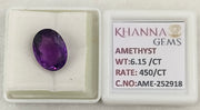 6.15/CT Natural Amethyst Gemstone Violet Color with Govt. Lab Certificate