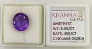 6.55/CT Natural Amethyst Gemstone with Govt. Lab Certificate