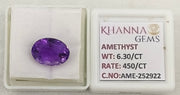 6.30/CT Natural Amethyst Gemstone with Govt. Lab Certificate