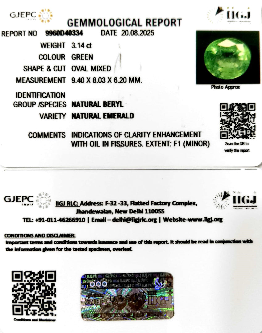 3.14/CT Natural Panna Stone with Govt. Lab Certificate (45510)
