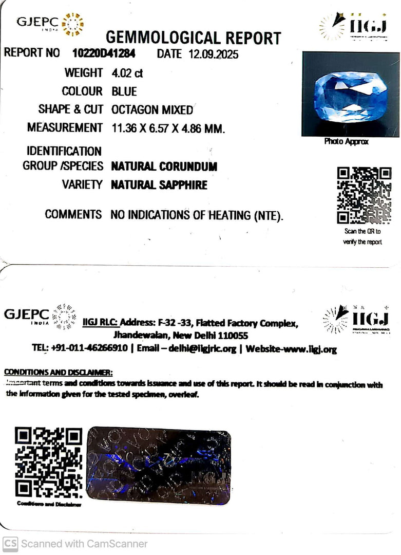 4.02/CT Natural Blue Sapphire with Govt Lab Certificate (34410)