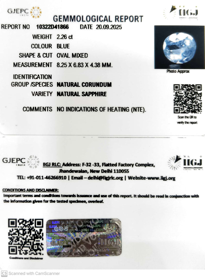 2.26/CT Natural Blue Sapphire with Govt Lab Certificate (23310)