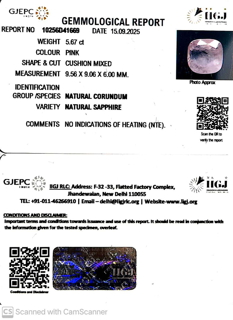 5.67/CT Natural Pink Sapphire with Govt Lab Certificate (16650)