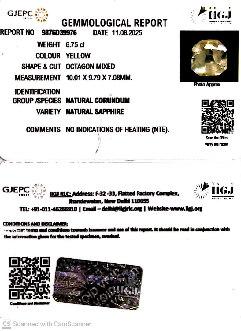 6.75/CT Natural Yellow Sapphire With Govt Lab Certificate (78810)