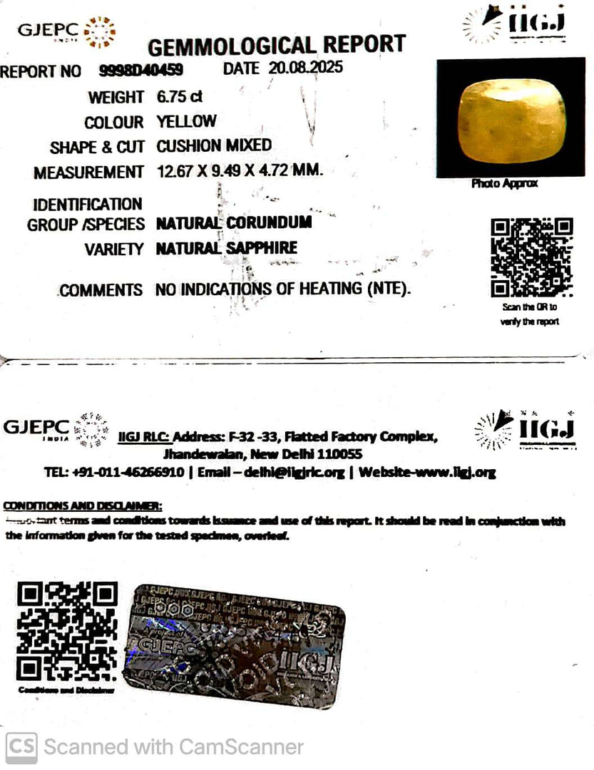6.75/CT Natural Yellow Sapphire With Govt Lab Certificate (4551)