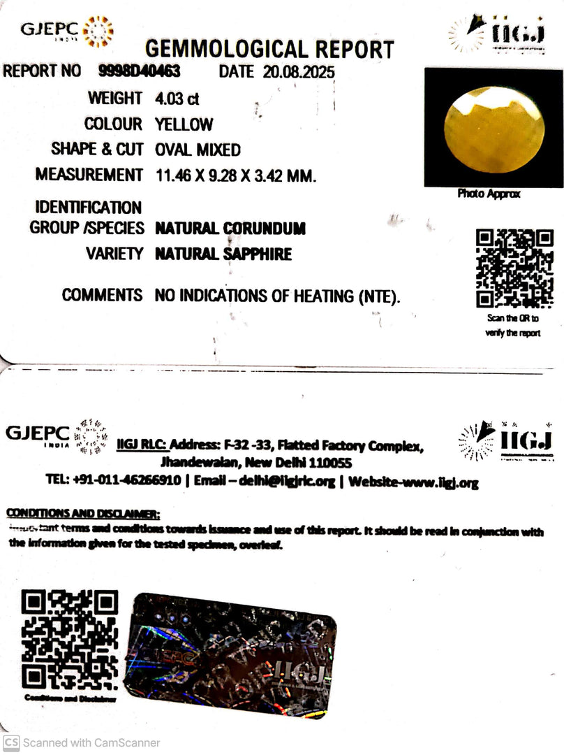 4.03/CT Natural Yellow Sapphire With Govt Lab Certificate (4551)