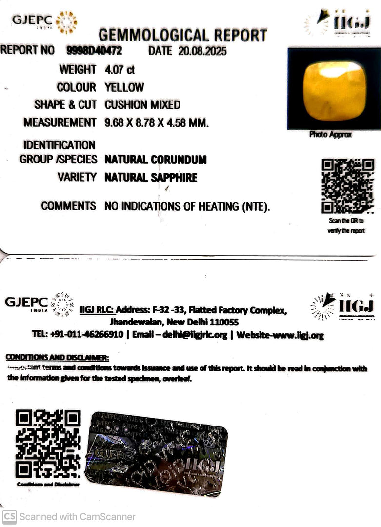 4.07/CT Natural Yellow Sapphire With Govt Lab Certificate (4551)