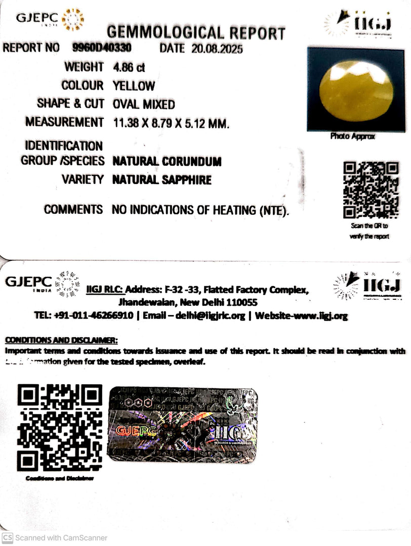 4.86/CT Natural Yellow Sapphire With Govt Lab Certificate (1221)