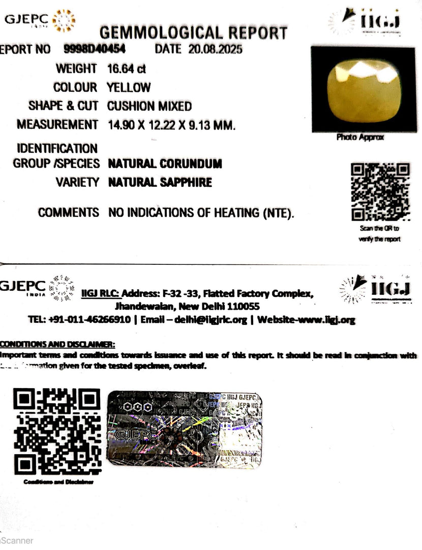 16.64/CT Natural Yellow Sapphire With Govt Lab Certificate (4551)