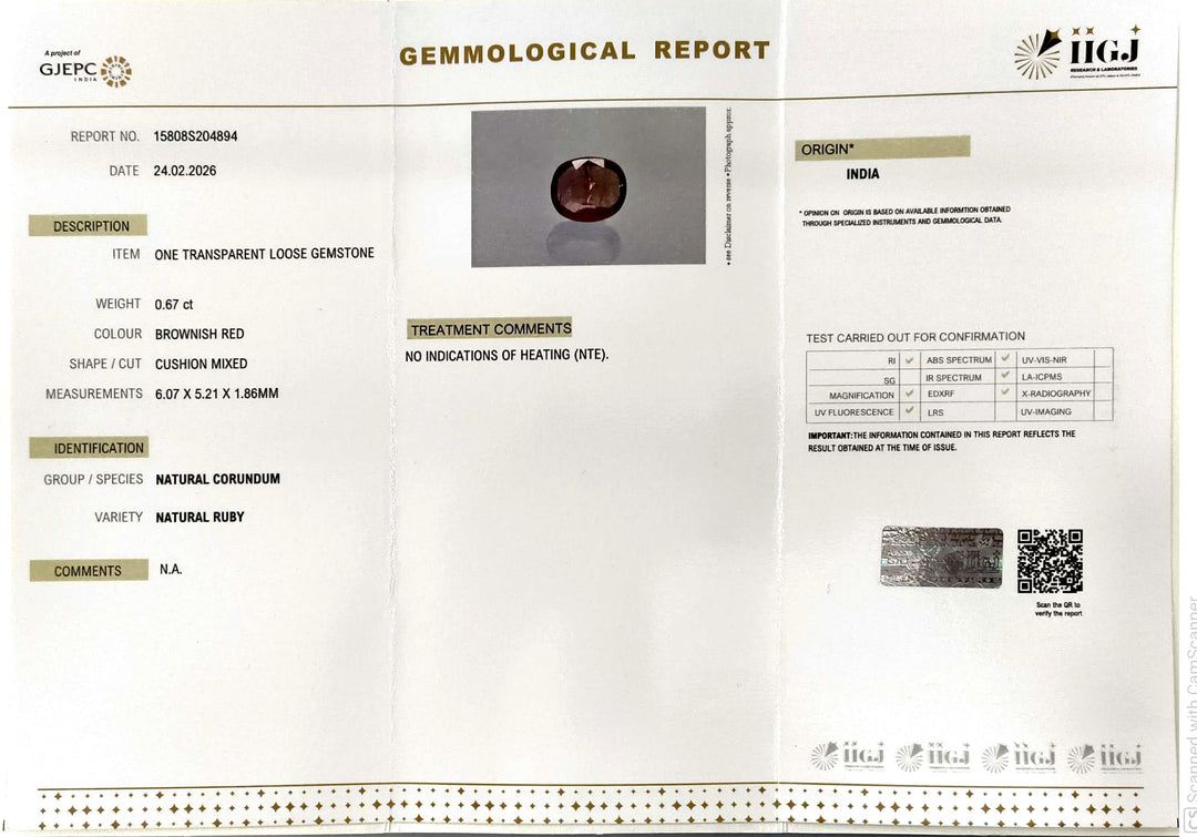 0.67/CT Natural Ruby Stone with Govt. Lab Certificate-15808S204894