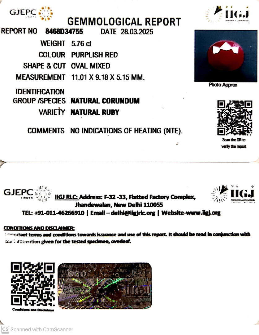 5.76/CT Natural Ruby with Govt. Lab Certificate