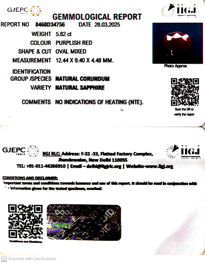 5.82/CT Natural Ruby with Govt. Lab Certificate