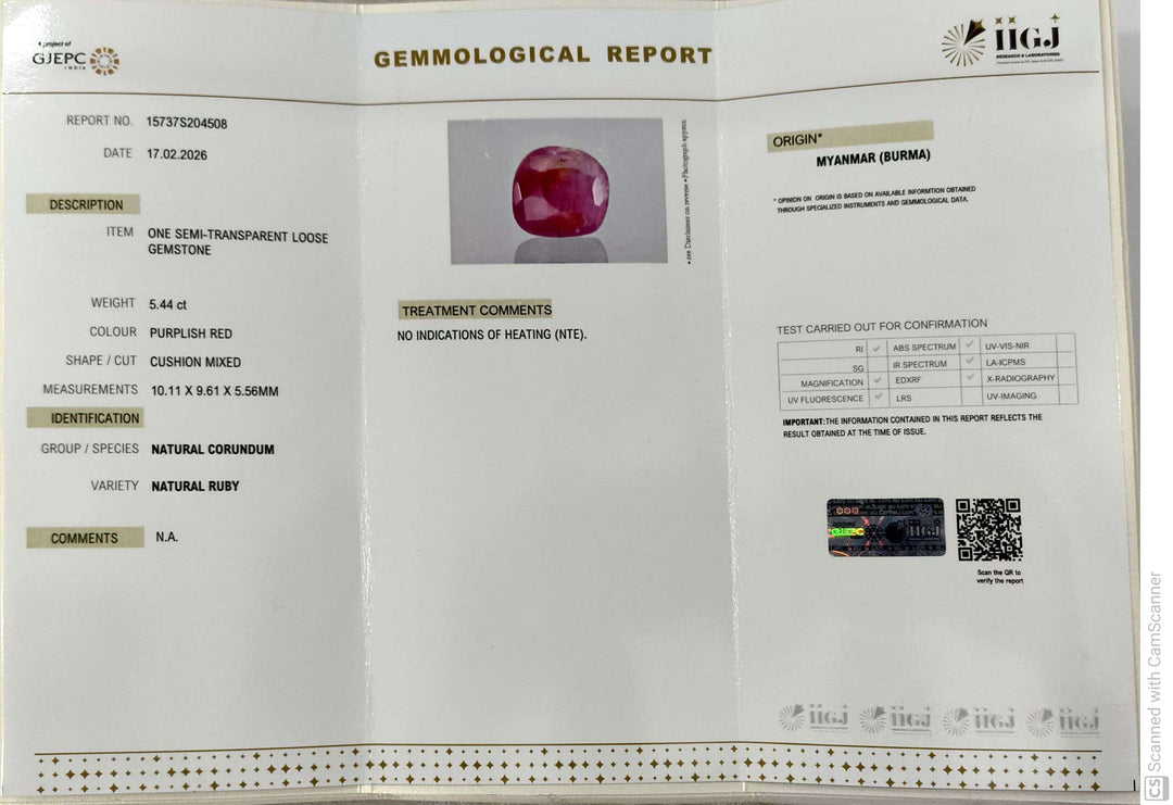 5.44/CT Natural Old Burma Ruby with IIGJ Govt. Lab Certificate-15737S204508