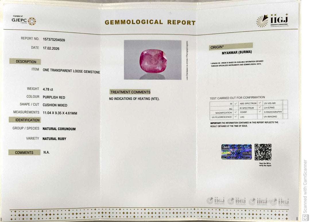 4.78/CT Natural Old Burma Ruby with IIGJ Govt. Lab Certificate-15737S204509