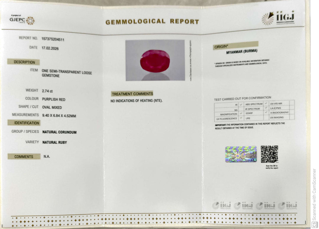2.74/CT Natural Old Burma Ruby with IIGJ Govt. Lab Certificate-15737S204511