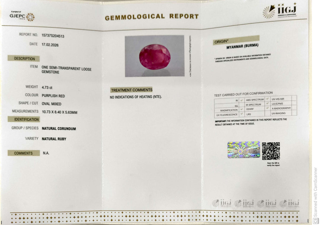 4.73/CT Natural Old Burma Ruby with IIGJ Govt. Lab Certificate-15737S204513