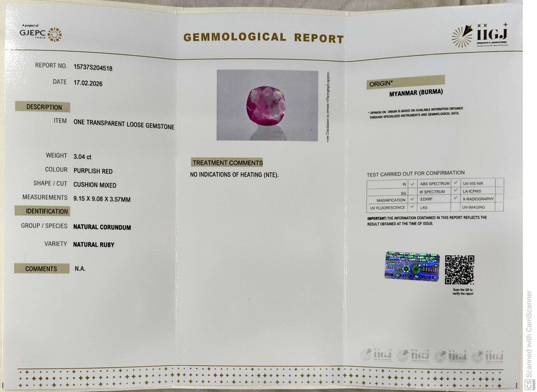 3.04/CT Natural Old Burma Ruby with IIGJ Govt. Lab Certificate-15737S204518